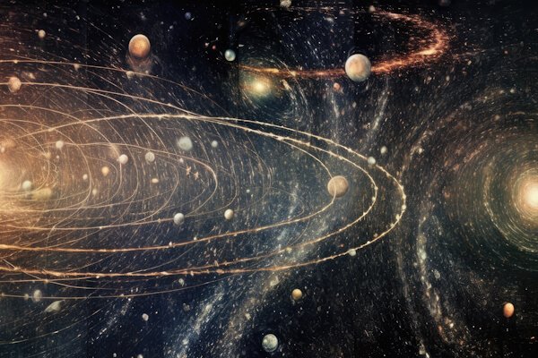 Illustration depicting a universe, galaxy, planets, and stars