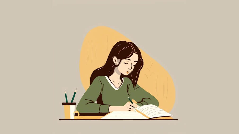 Woman sitting at desk writing in journal