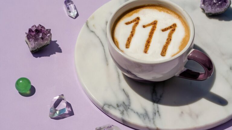 111 Angel Number Coffee Cup Manifestation Crystals on Table