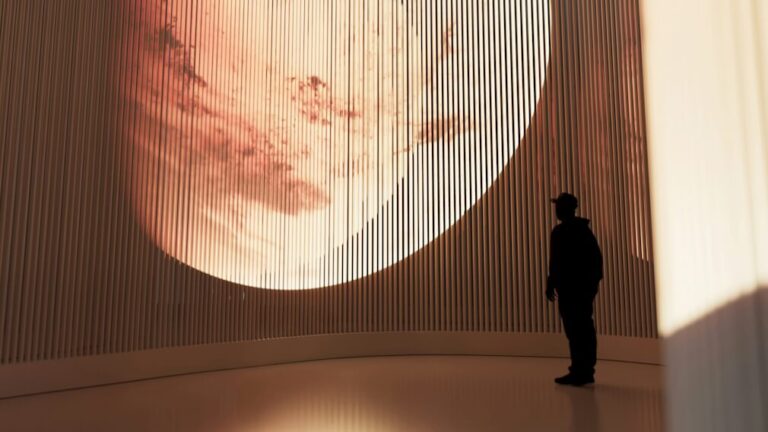 Man viewing planet on wall