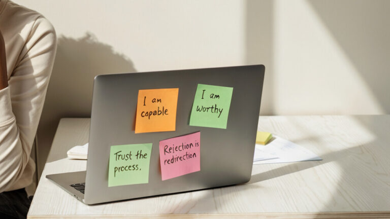 Woman sitting desk with laptop showing post-it notes stuck to the lid